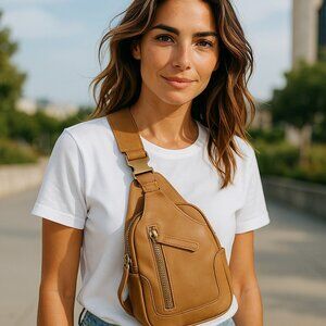 Antik Kraft Brown Tan Vegan Leather Boho Embroidered Strap Crossbody Sling Purse